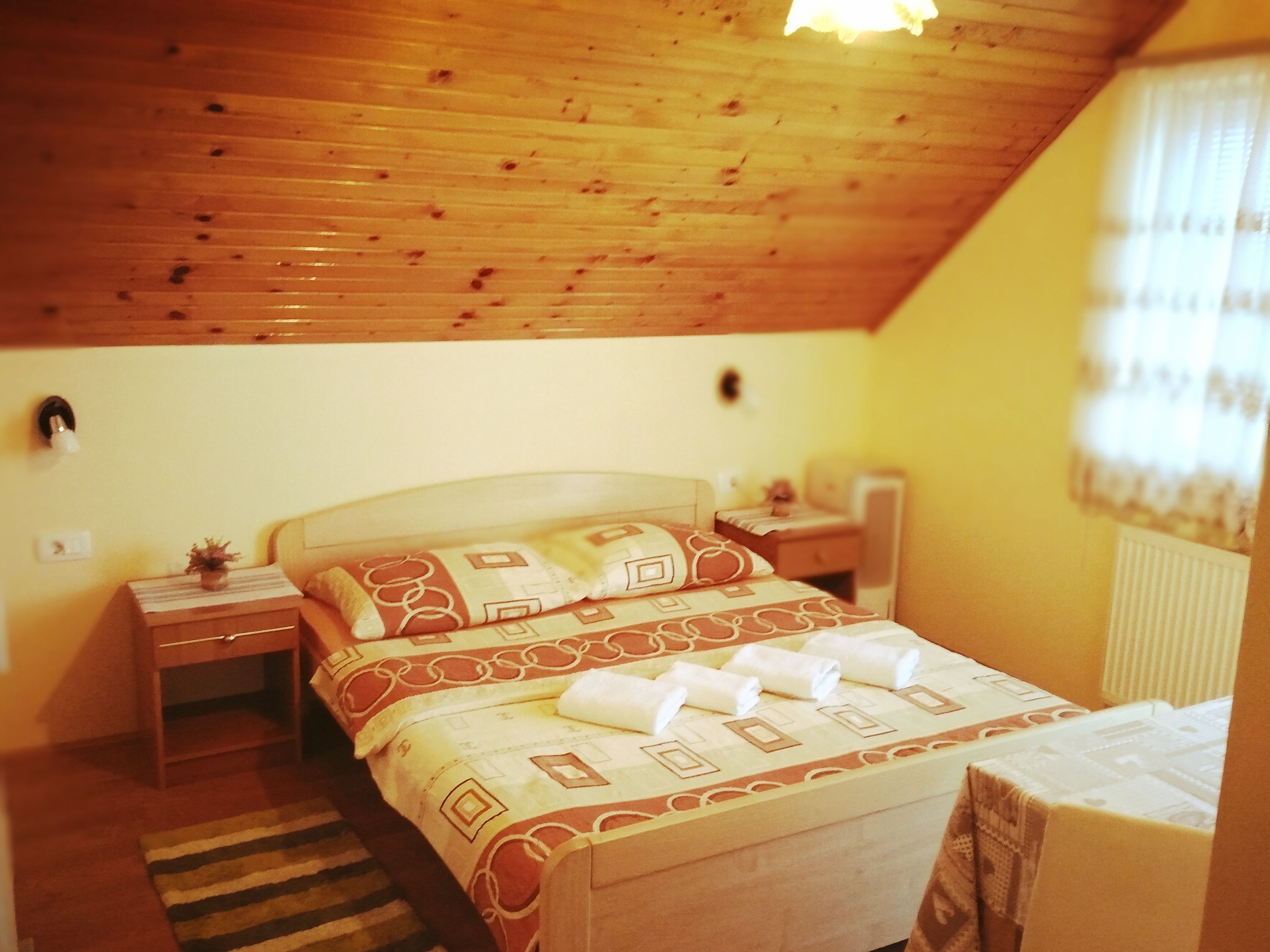A bedroom with a wooden ceiling, a bed with patterned bedding, two bedside tables, and a nightstand with a lamp.