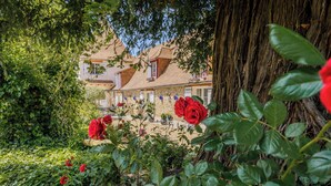 A stone building with a sloped roof, surrounded by lush greenery and red roses. - La Tronquiere (Lacropte)