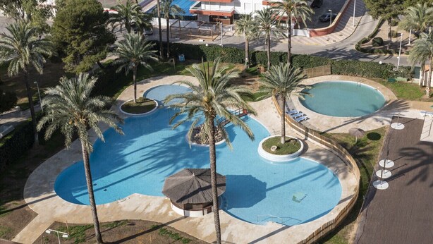 Une grande piscine extérieure, bordée de palmiers, entourée d’une allée pavée et avec un bâtiment en arrière-plan.