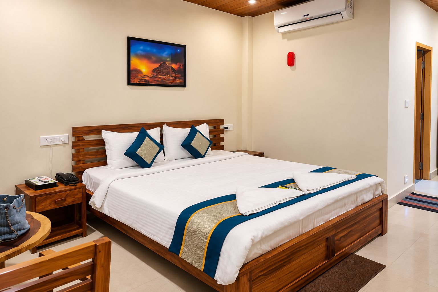 A hotel room with a wooden bed, a nightstand, a desk, a chair, a wall-mounted air conditioner, and a painting.