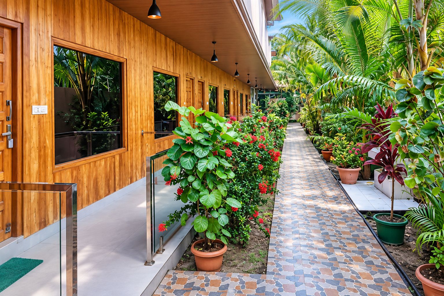 A corridor with wooden walls, potted plants, and a tiled walkway.
