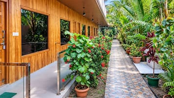 Un couloir aux murs en bois, agrémenté de plantes en pot et doté d’un chemin piétonnier carrelé.