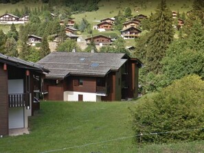 Una zona residencial en una ladera con varias casas de madera, algunas con balcones y ventanas amplias, rodeada de vegetación.