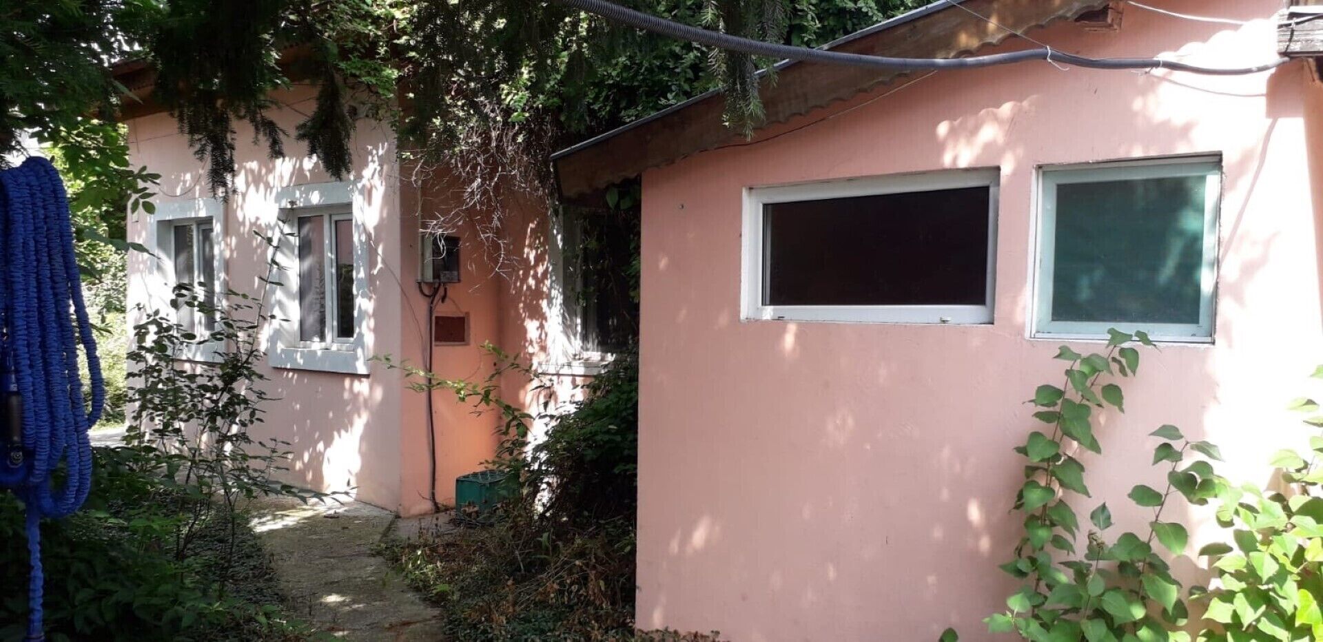 A pink building with a window and a door, surrounded by greenery and a path.
