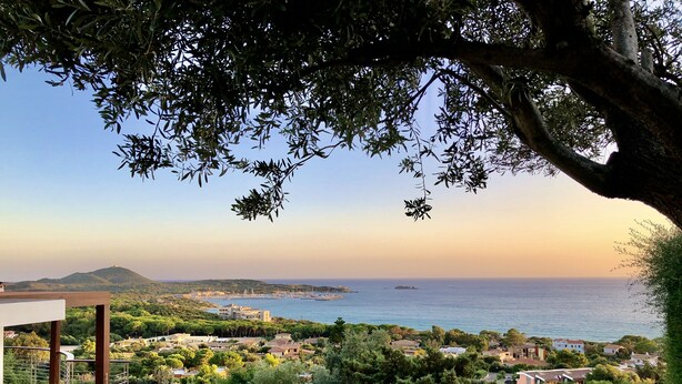 Una piscina con vistas al mar y vegetación circundante.