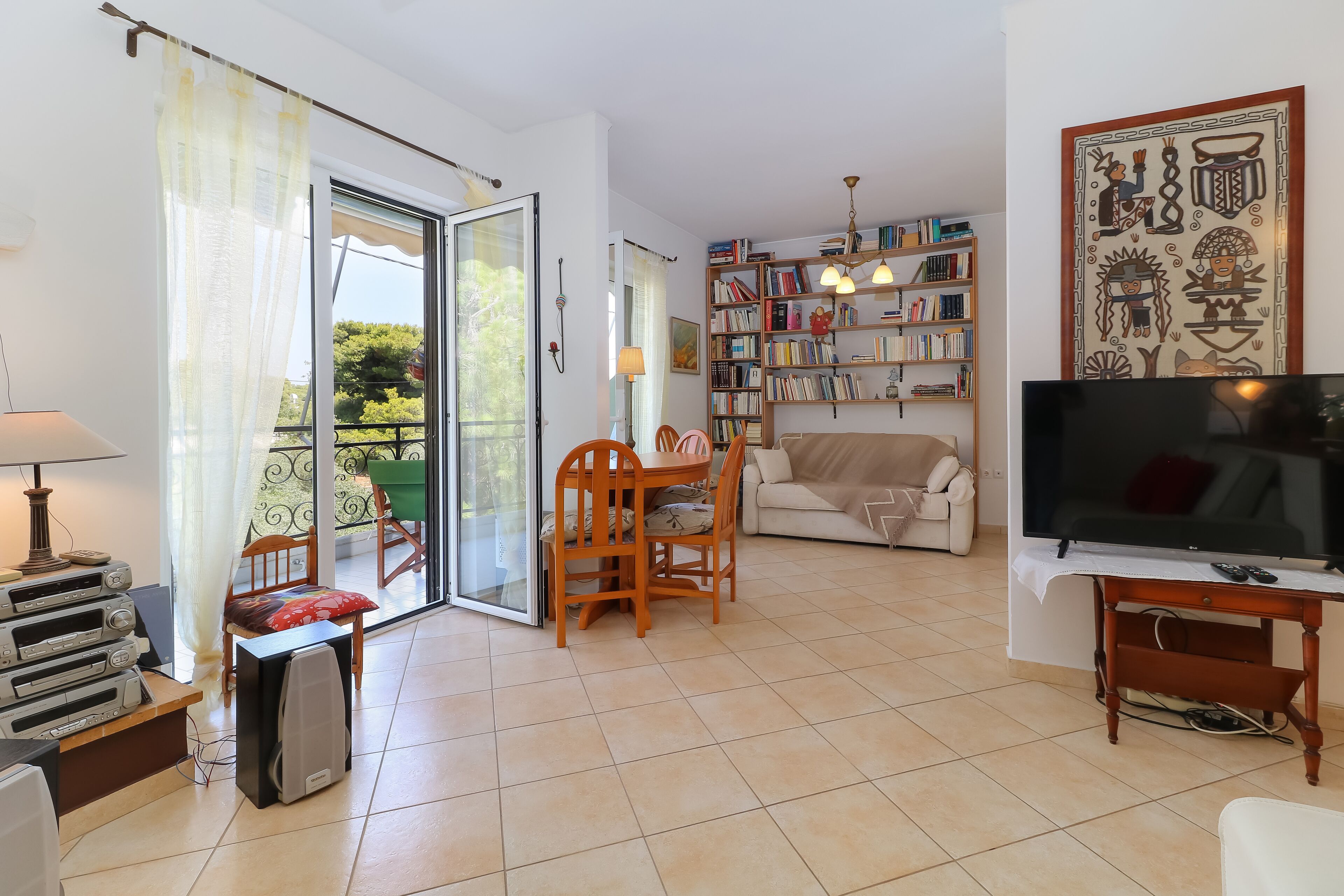 智能电视、壁炉、DVD 播放器、书