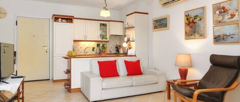 Smart TV, fireplace, DVD player, books