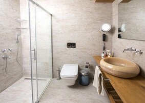 Habitación estándar con 1 cama doble o 2 individuales | Baño | Ducha y cabezal de ducha tipo lluvia
