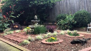 A garden with a brick pathway, various plants, a birdbath, and a wooden fence. - 2 Blocks to LSU Gameday Shuttle. Best Downtown Location By Far (Baton Rouge)