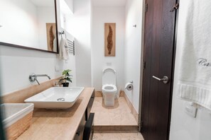 Regadera, secadora de cabello, toallas, jabón 