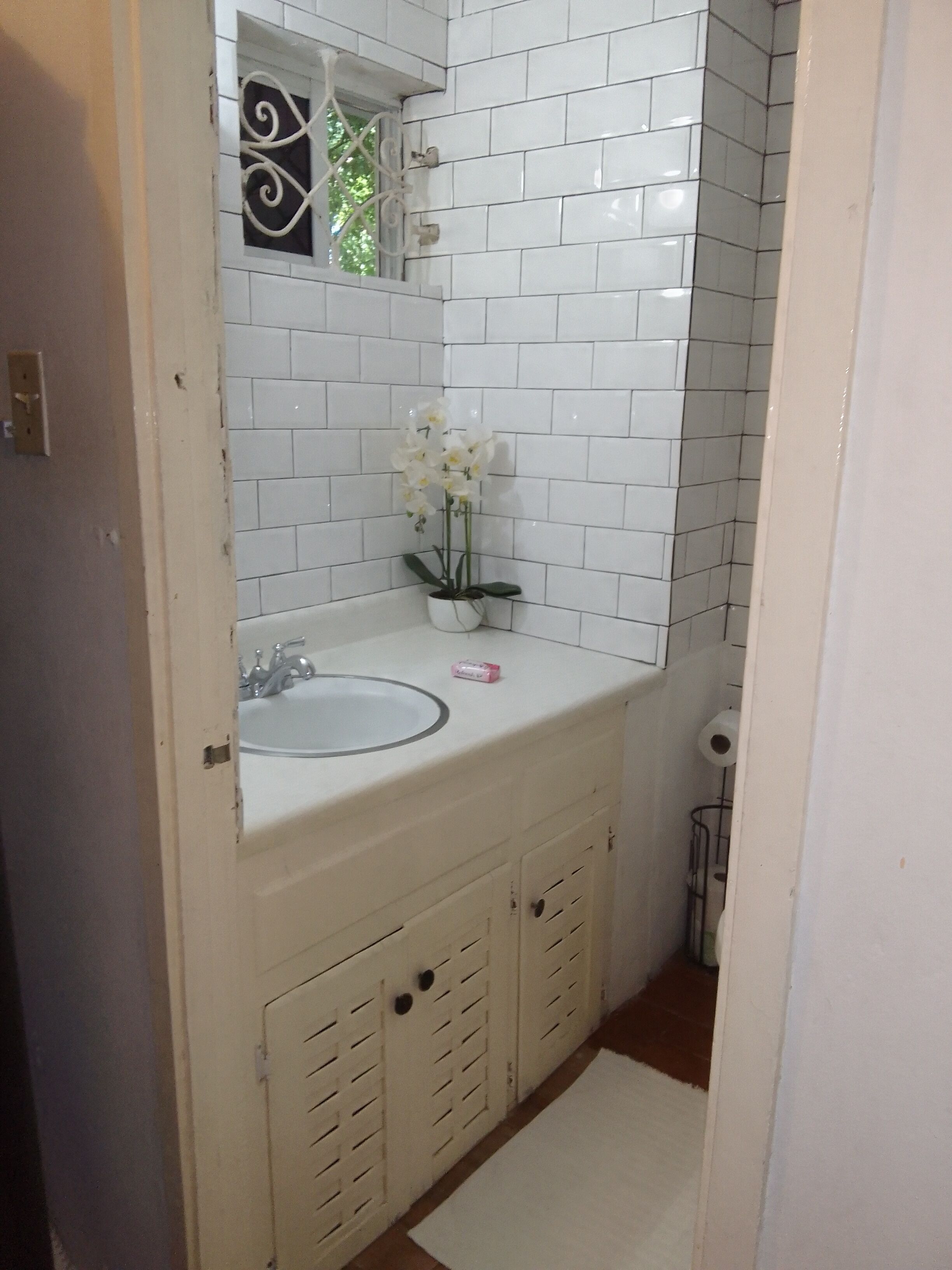 Un bany amb parets revestides de rajoles blanques, un lavabo blanc i una orquídia en test de fang.