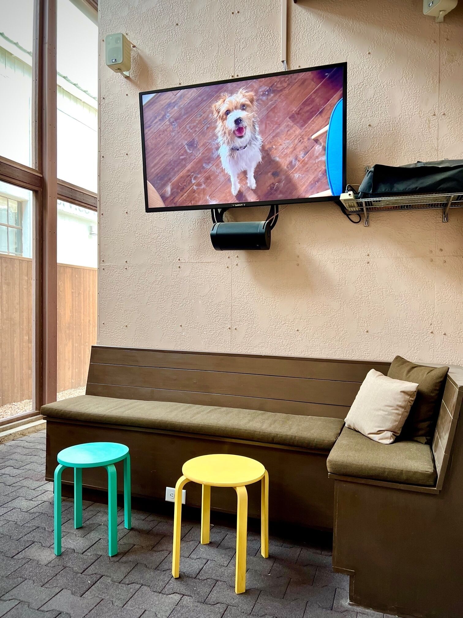 Large screen Roku TV in the Marfa House atrium--available to all guests