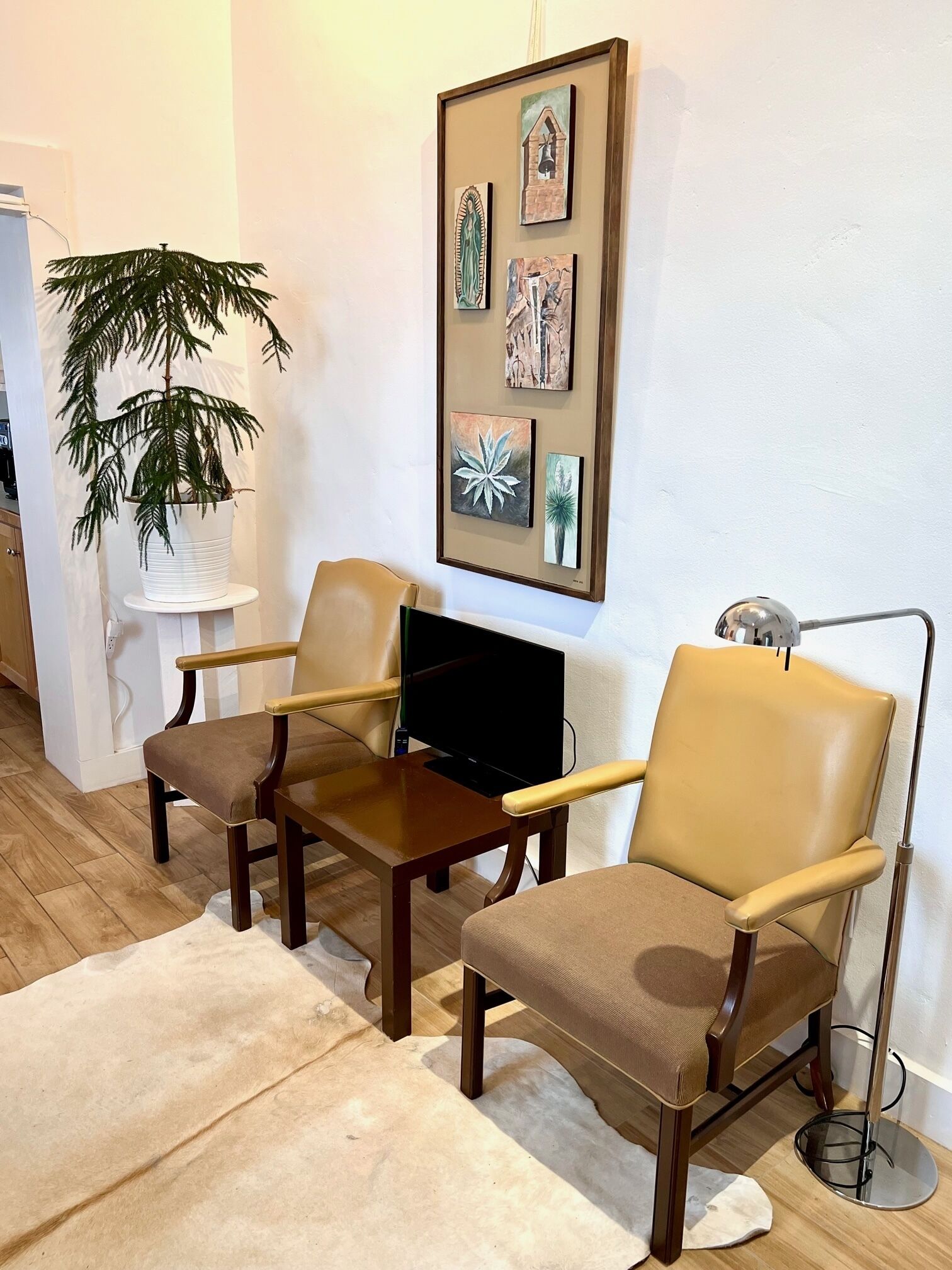 Comfortable seating, Roku TV, original art:  Candelaria at Marfa House