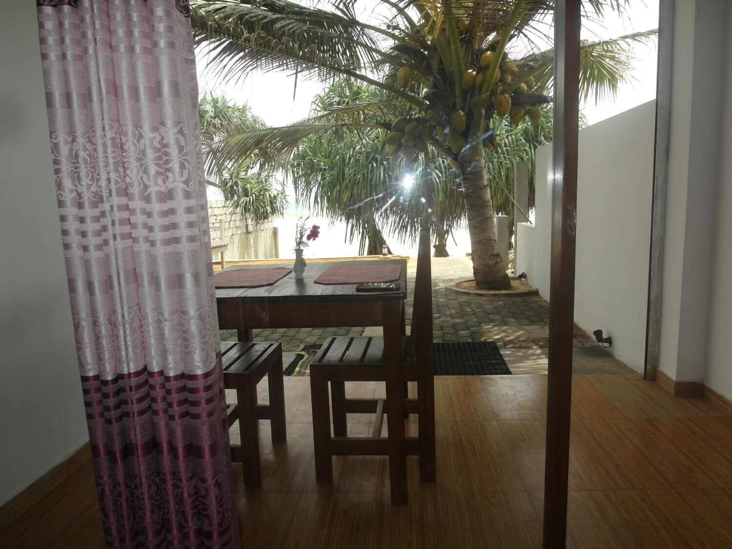 Een houten eettafel met stoelen, een kleine potplant en een palmboom op de achtergrond.