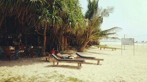 A beach with lounge chairs and a palm tree. - Dasa Beach View (Koggala)