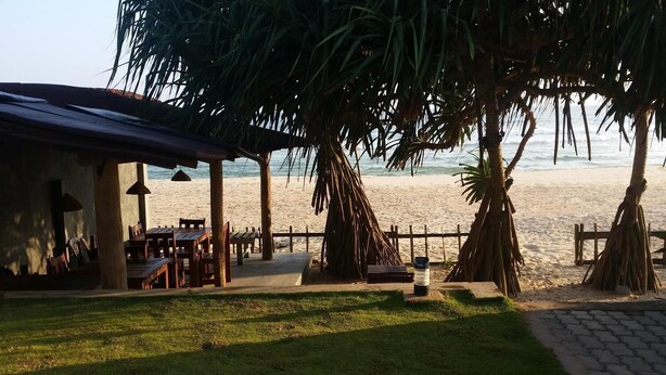 A beachside restaurant with outdoor seating, a palm tree, and a view of the ocean. - Dasa Beach View (Koggala)