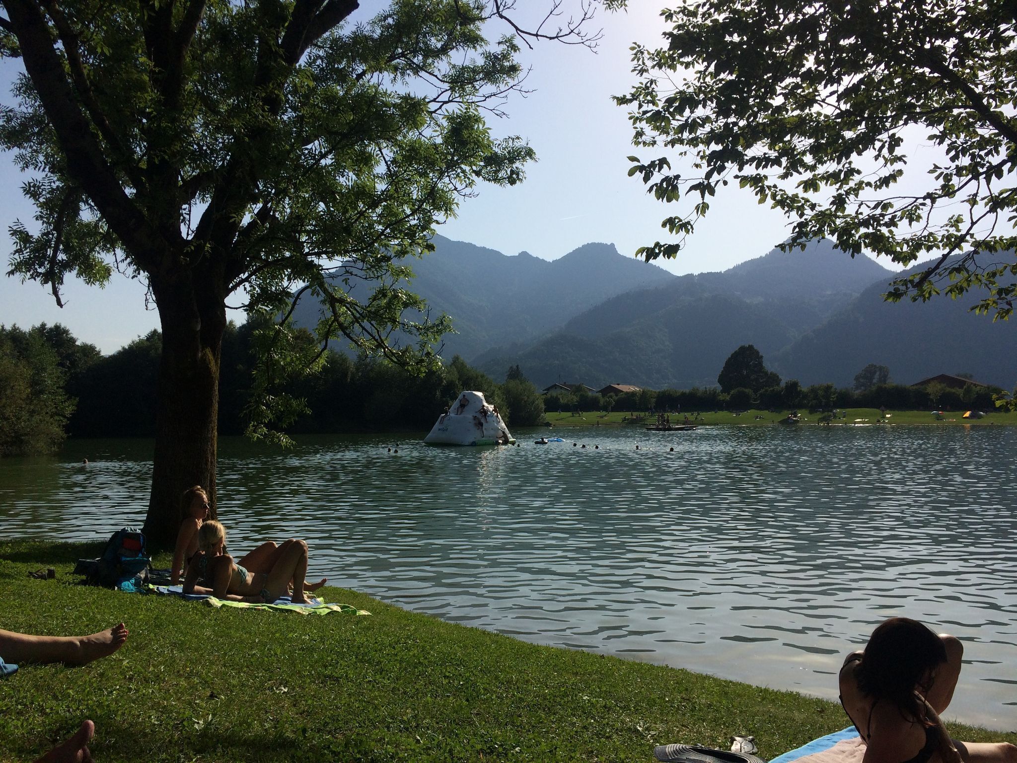 Eine Seenlandschaft mit Menschen, die entspannt im Gras liegen, einem großen Baum und Bergen im Hintergrund.