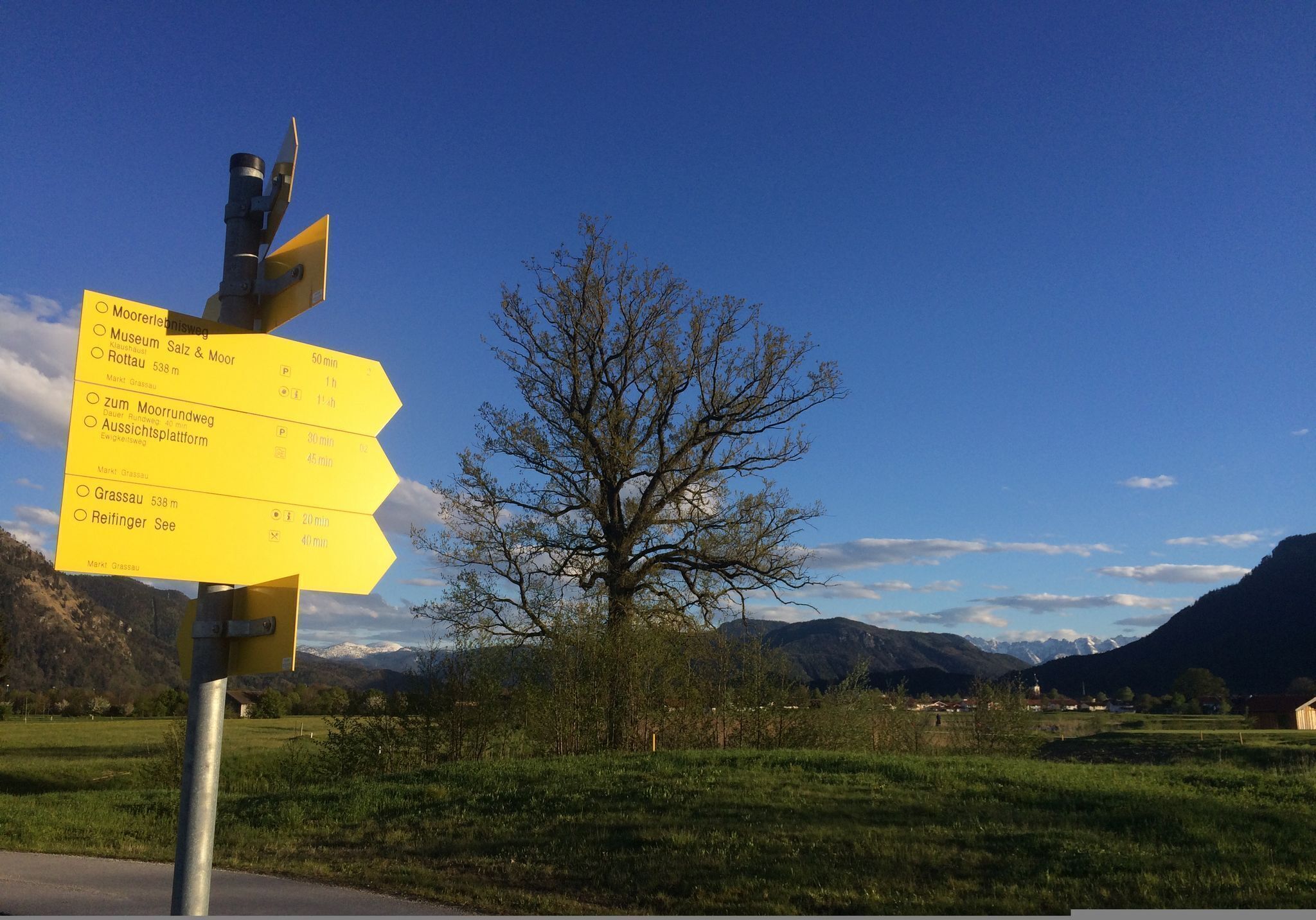 A directional signpost with multiple destinations and estimated walking times.