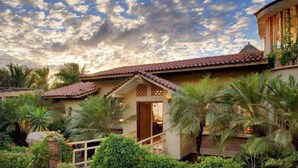 A traditional building with a tiled roof, surrounded by lush greenery and palm trees.