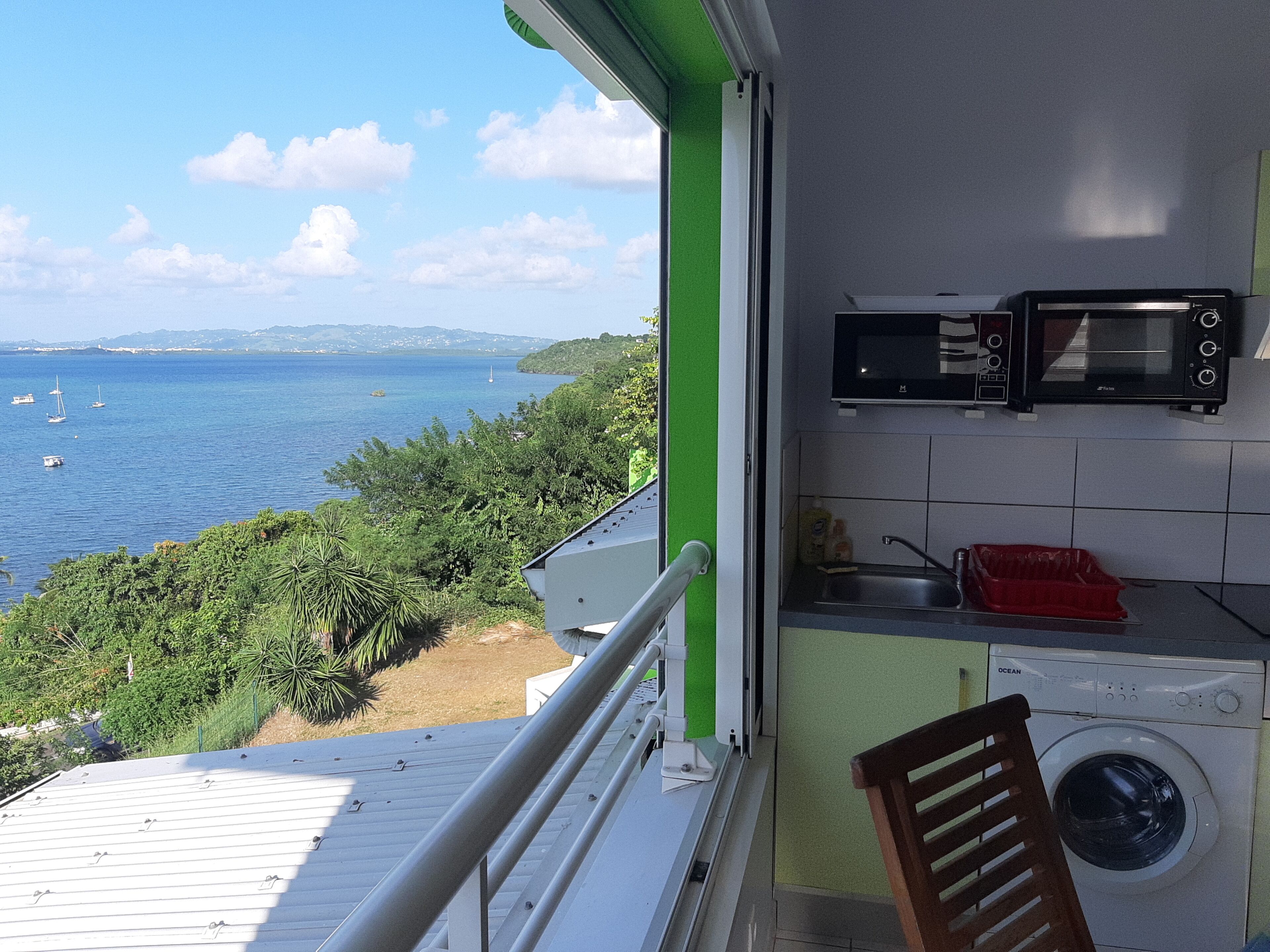 Un balcon avec vue sur la mer, un lave-linge, un four à micro-ondes et un évier.