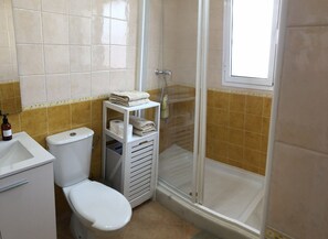 Bathroom features a toilet, sink, and glass-enclosed shower area with a shelf for towels and amenities.