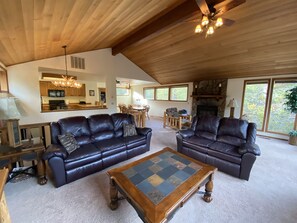 Smart TV, fireplace, books