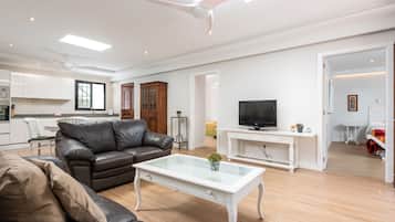 Télévision, lecteur de DVD, table de tennis de table, livres