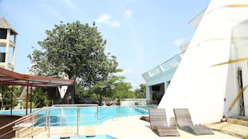 Outdoor pool, pool umbrellas, pool loungers