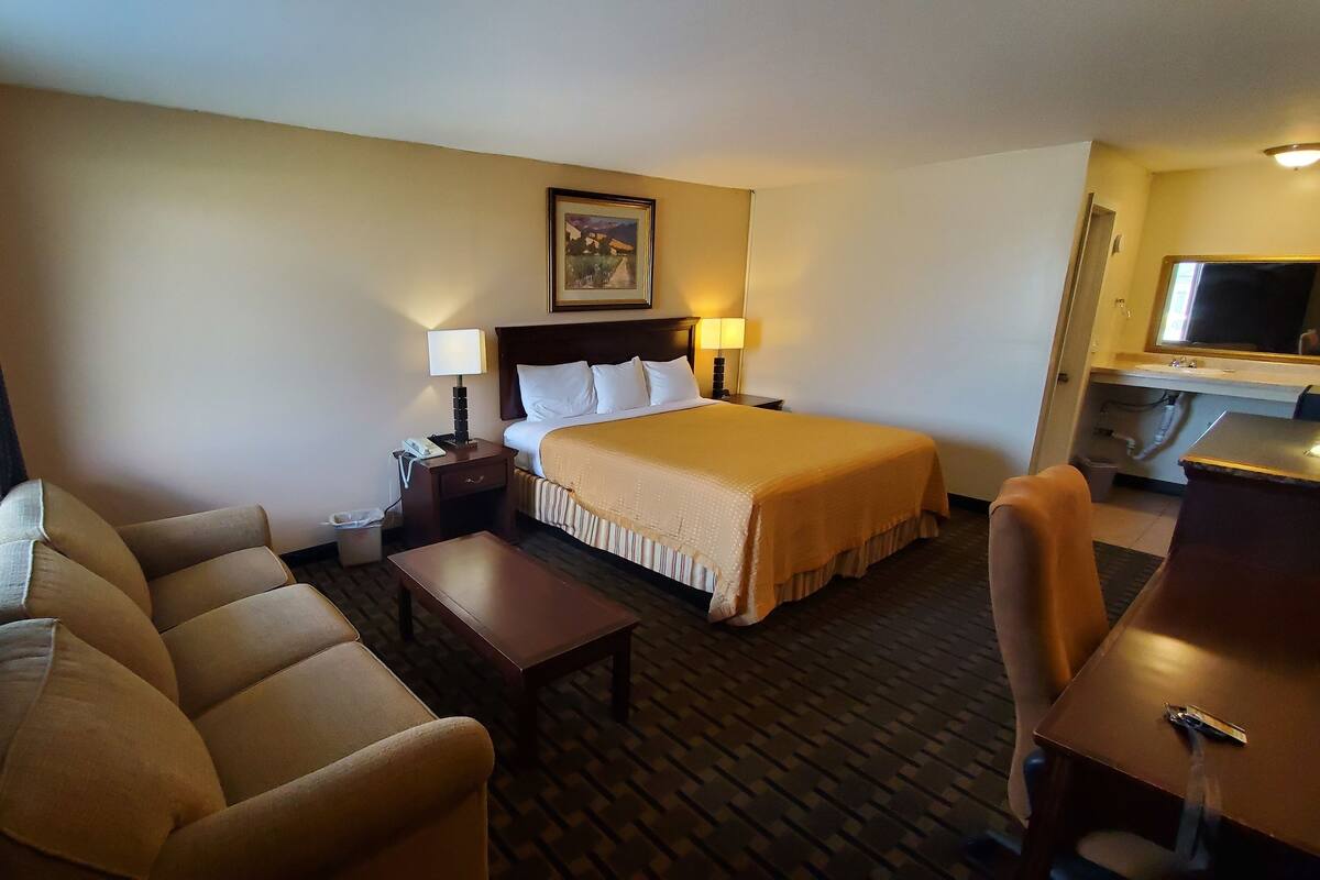 Una habitación de hotel con cama, escritorio, silla, sofá y televisor.
