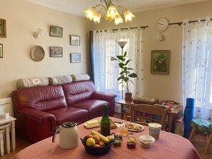 Tv, dvd-afspiller, bordtennisbord, bøger