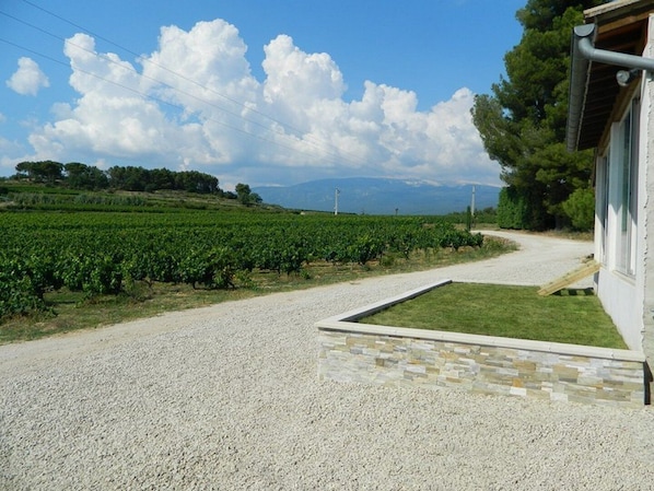 A gravel driveway leading to a building with a stone border and a grassy area.