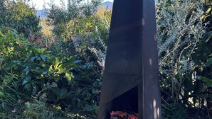A concrete fireplace with a fire burning inside, surrounded by greenery and rocks. - Jardin Tiny House (Beechmont)