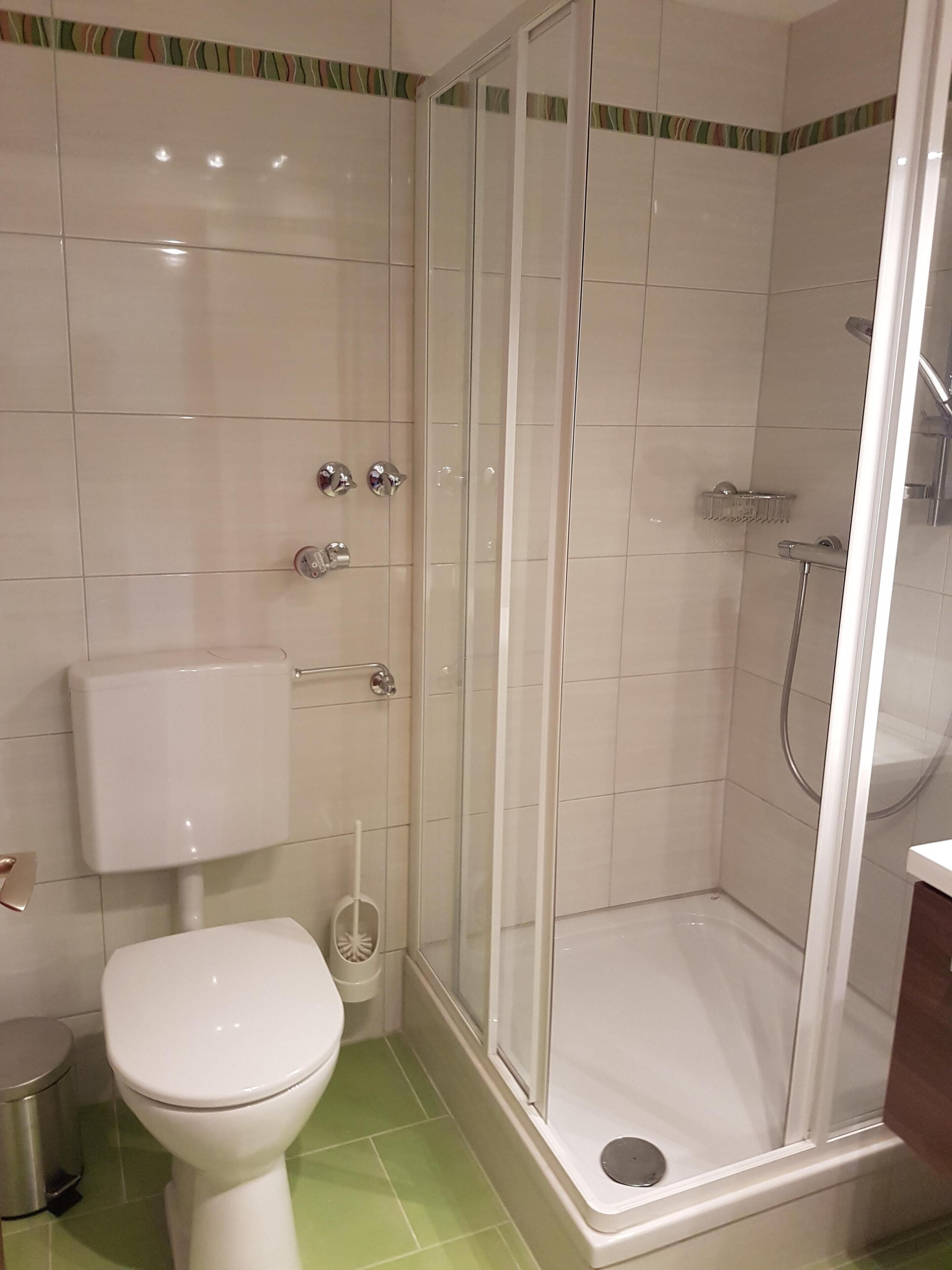 Un baño con inodoro, cabina de ducha y soporte para papel higiénico.