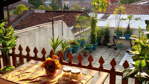 Un balcon avec une table dressée pour le dîner, entouré de plantes en pot et offrant une vue sur un quartier résidentiel.
