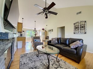 Télévision, cheminée, lecteur de DVD, livres