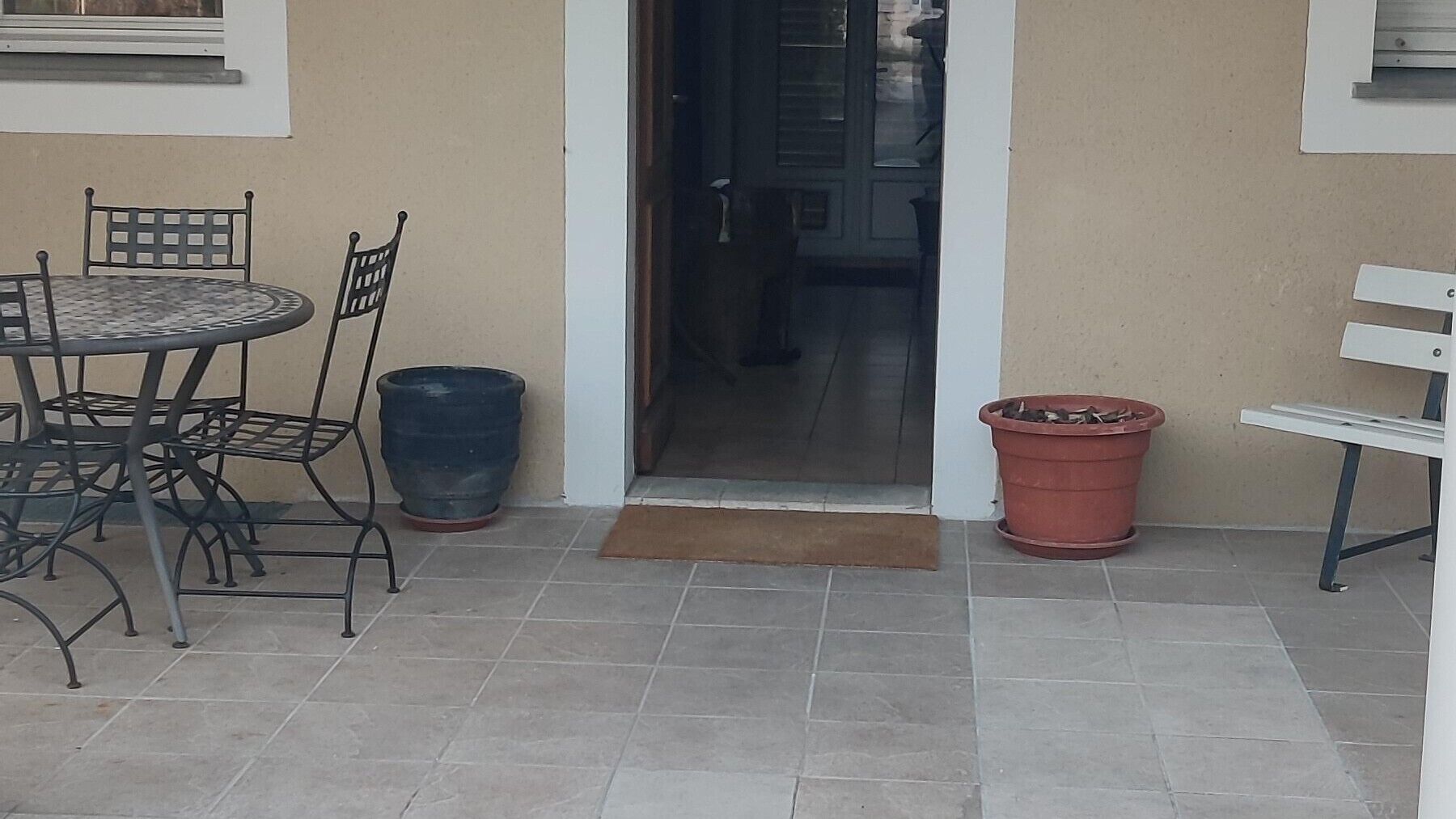 Un'area patio esterna con un tavolo rotondo e sedie, una pianta in vaso e una panchina.