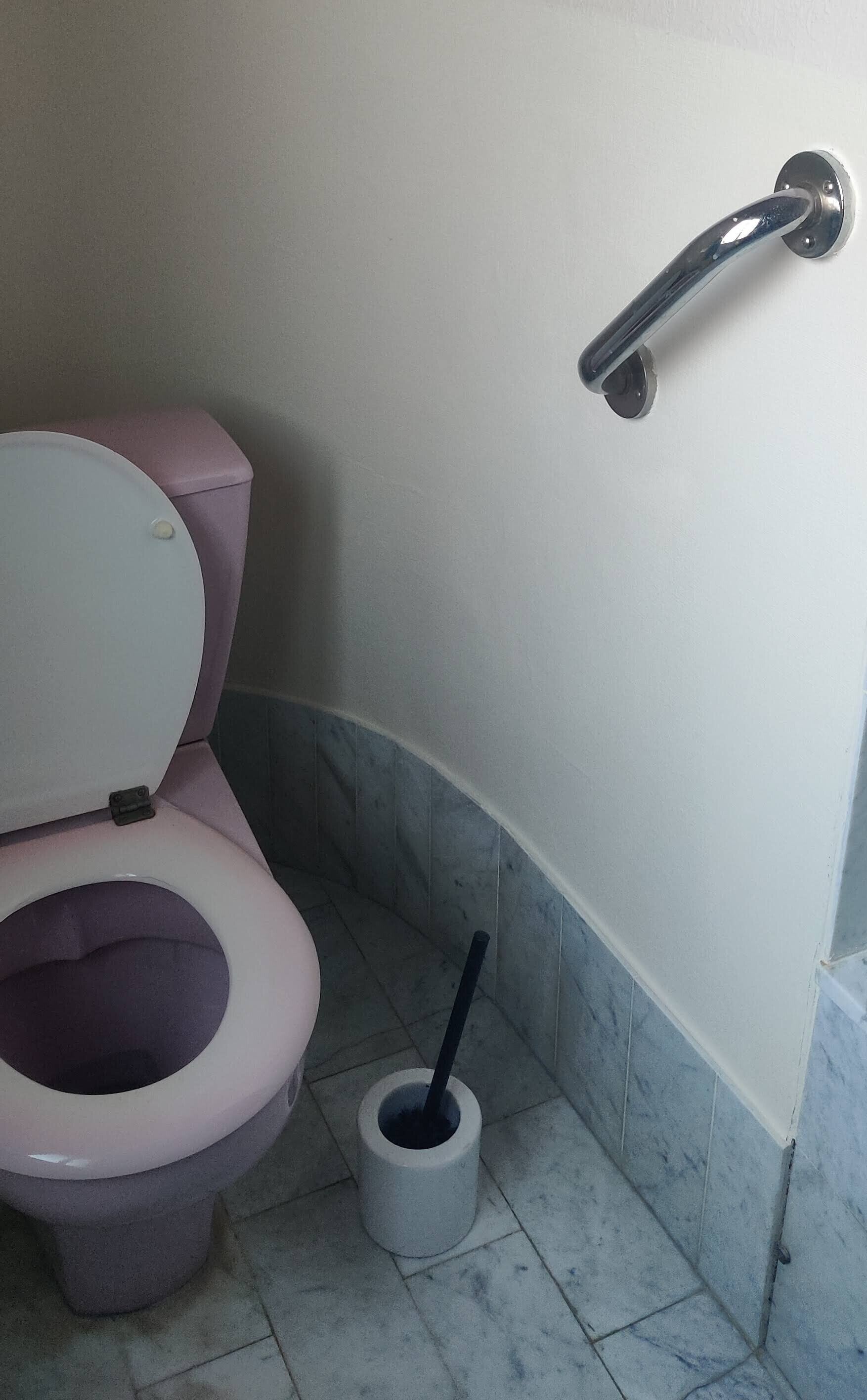 Un baño con inodoro, bidé y barra de apoyo.