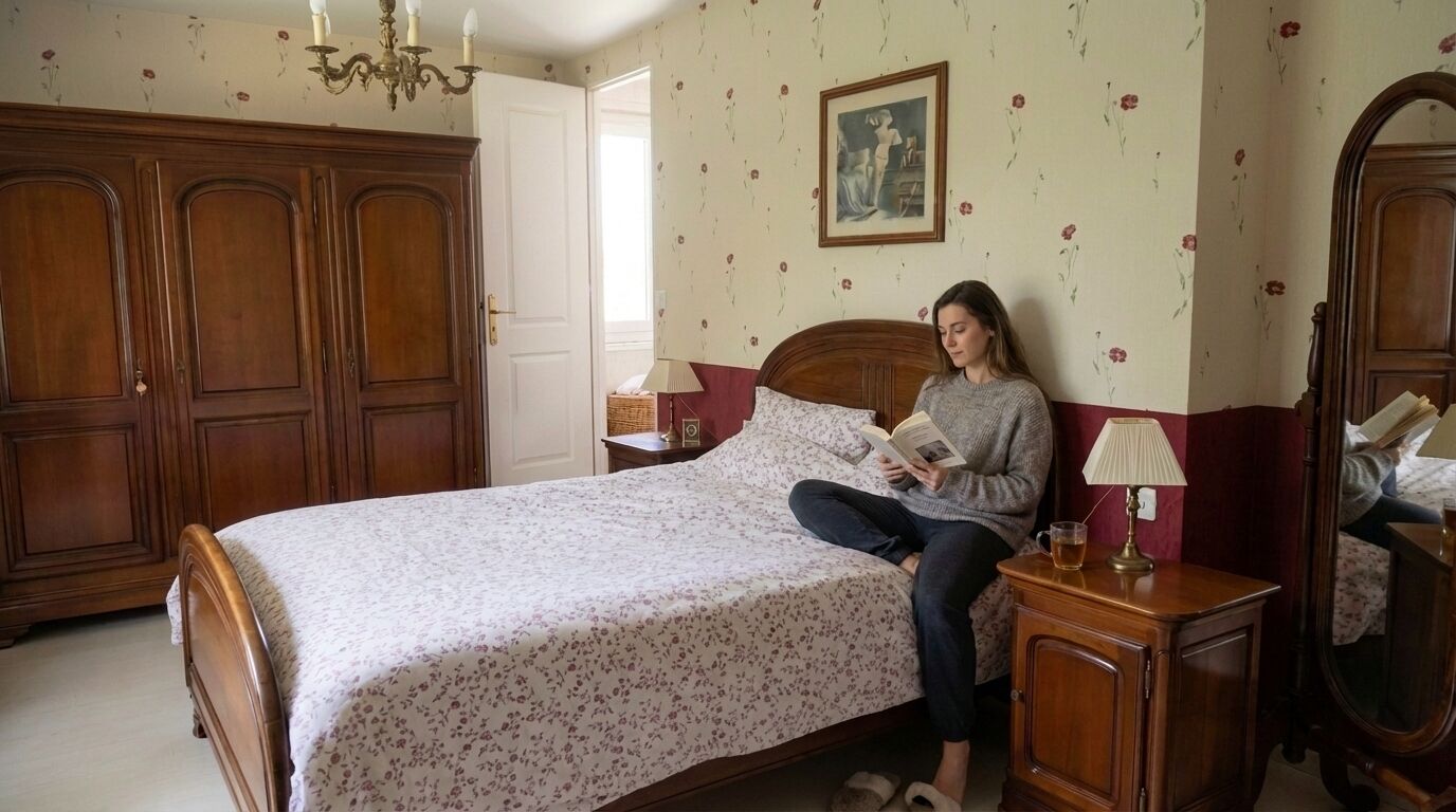 A bedroom with a large bed, wooden wardrobe, a bedside table with a lamp, and a framed picture on the wall.