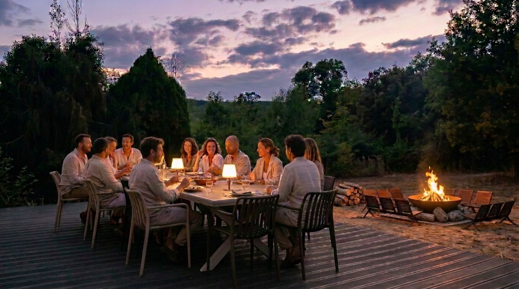 A group of people seated around a table with a fire pit in the background.