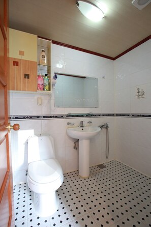 A bathroom with a toilet, sink, and shower. There is a mirror above the sink and a cabinet with toiletries. The floor has a patterned tile design. - Green Castle Pension (Pyeongchang)