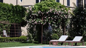 Une piscine entourée de chaises longues, de verdure luxuriante et d’un arbre en fleurs.