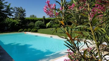 Seasonal outdoor pool, open 10:00 AM to 7:00 PM, sun loungers