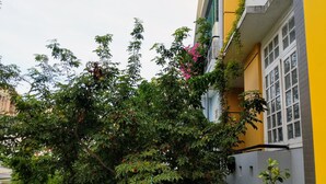 A building with a yellow facade, a balcony with a potted plant, and a tree with green leaves and pink flowers. - La Maison De Ruby Apartment (Da Nang)