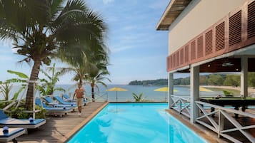 Outdoor pool, pool umbrellas, sun loungers