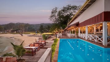 Outdoor pool, pool umbrellas, pool loungers