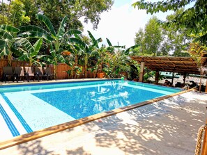 Outdoor pool, an infinity pool, pool umbrellas, pool loungers