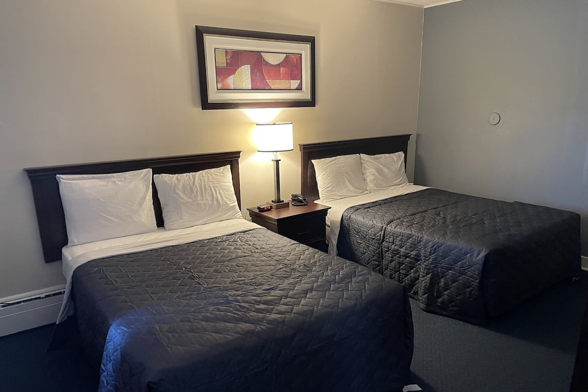 Una habitación de hotel con dos camas, una mesita de noche con una lámpara y un cuadro en la pared.