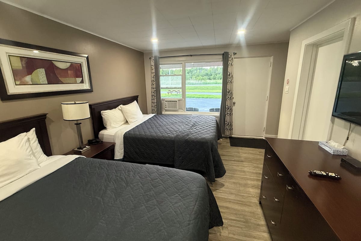 Habitación de hotel con dos camas, un televisor, un escritorio y una ventana con vista a un parque.