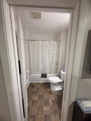 A bathroom with a bathtub, toilet, and shower curtain.