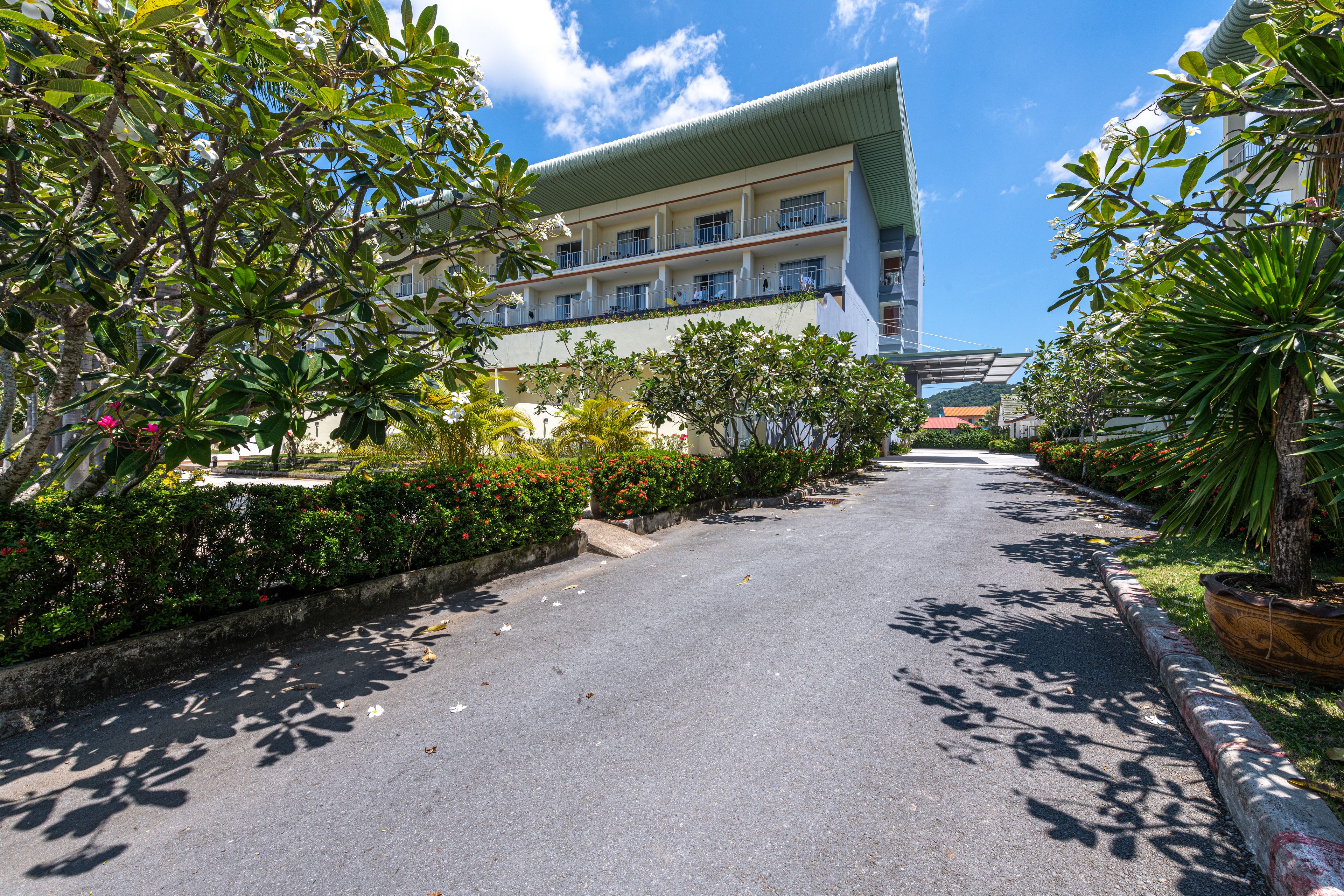 A hotel with a long driveway, surrounded by lush greenery and a clear blue sky.